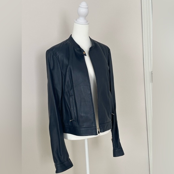 Cropped, indigo blue, perforated leather jacket - Picture 3 of 16